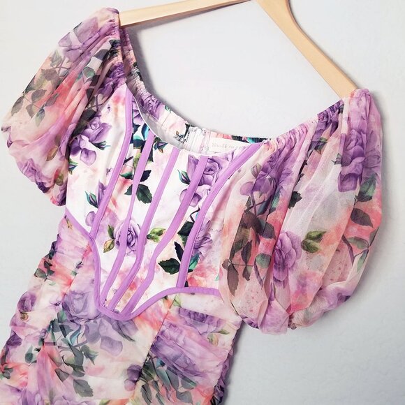 Donnee Par Dieu Corset Floral Ruched Mesh Puff Sleeve Bodycon Mini Dress Fairy M - Picture 6 of 16